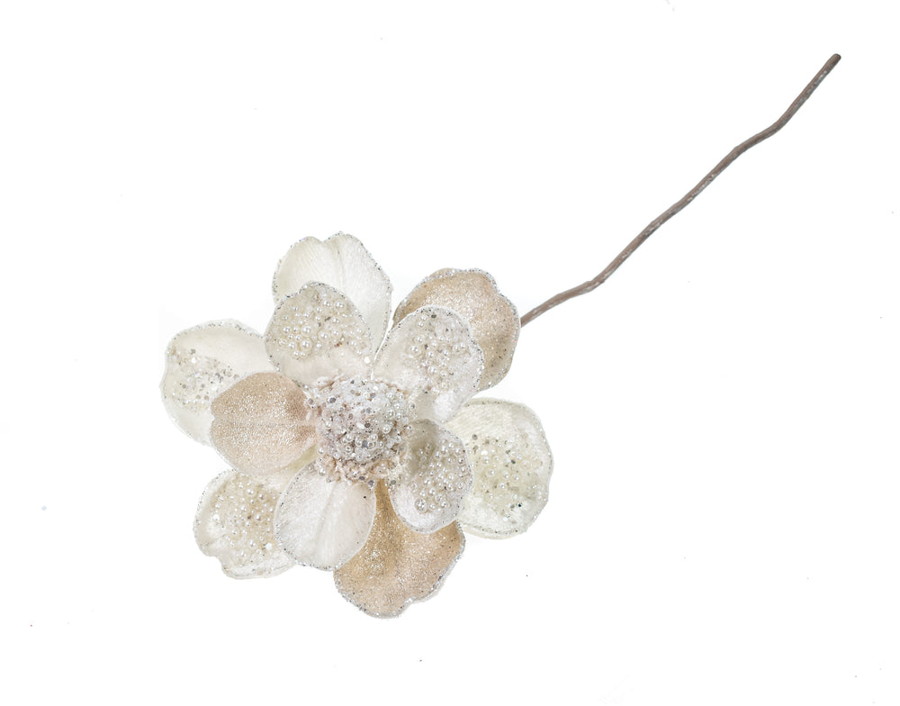 17" Snow Cream Magnolia Stem With Leaves