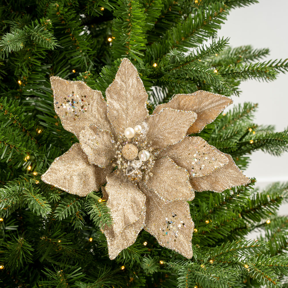 12" Platinum Glitter Poinsettia Pick