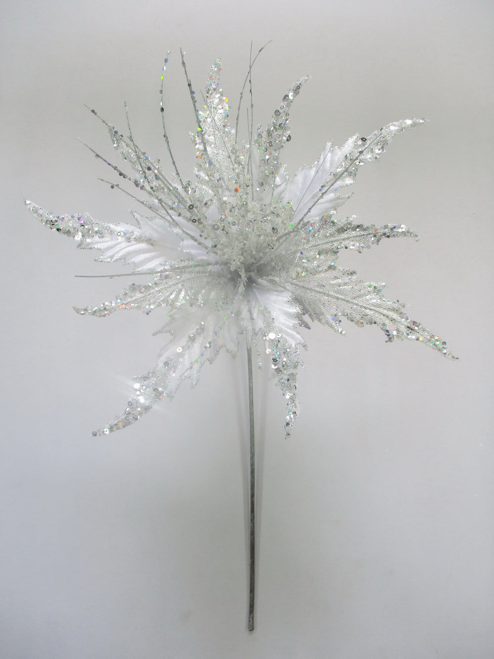 16" White & Silver Poinsettia Stem