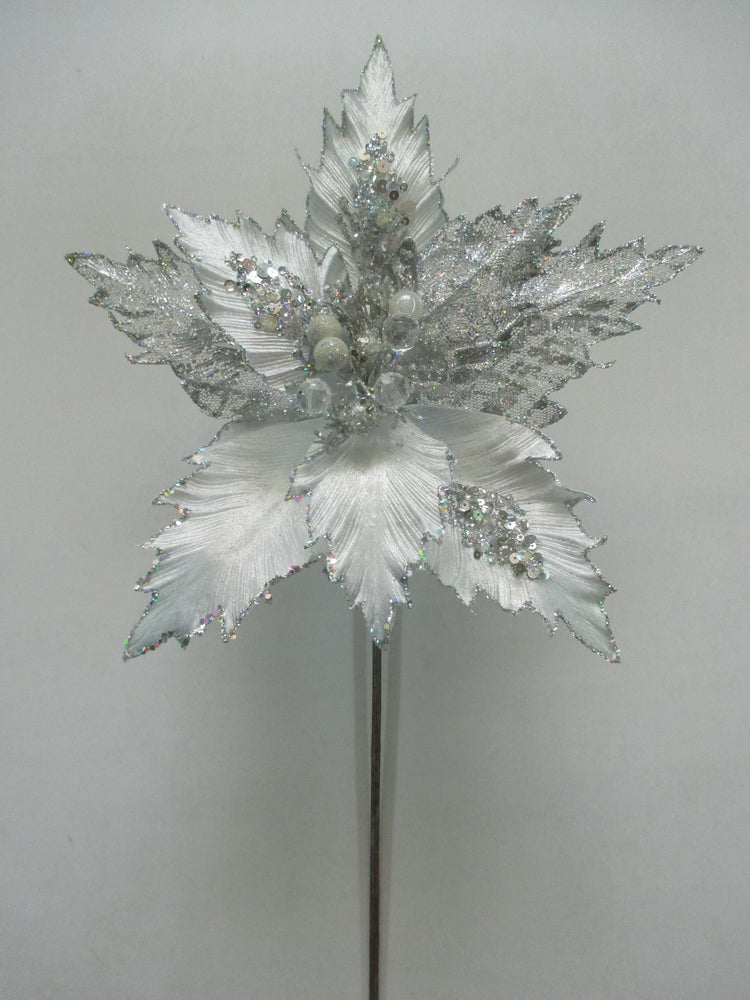 17" Silver Glitter Poinsettia Stem