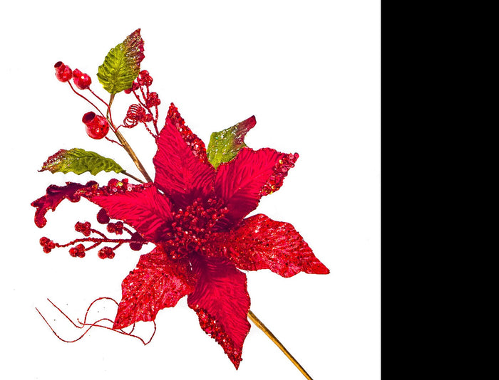 17" Poinsettia With Leaves Pick