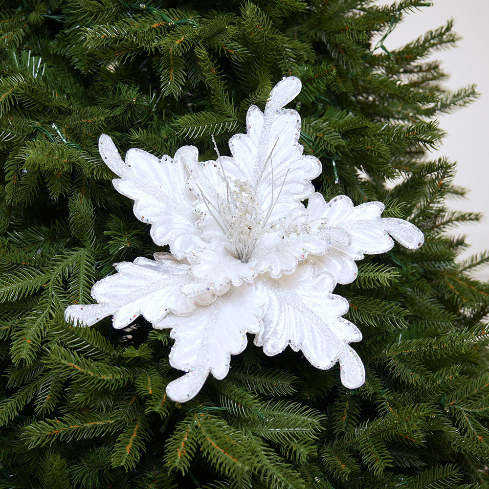 14" White Silver Poinsettia Stem