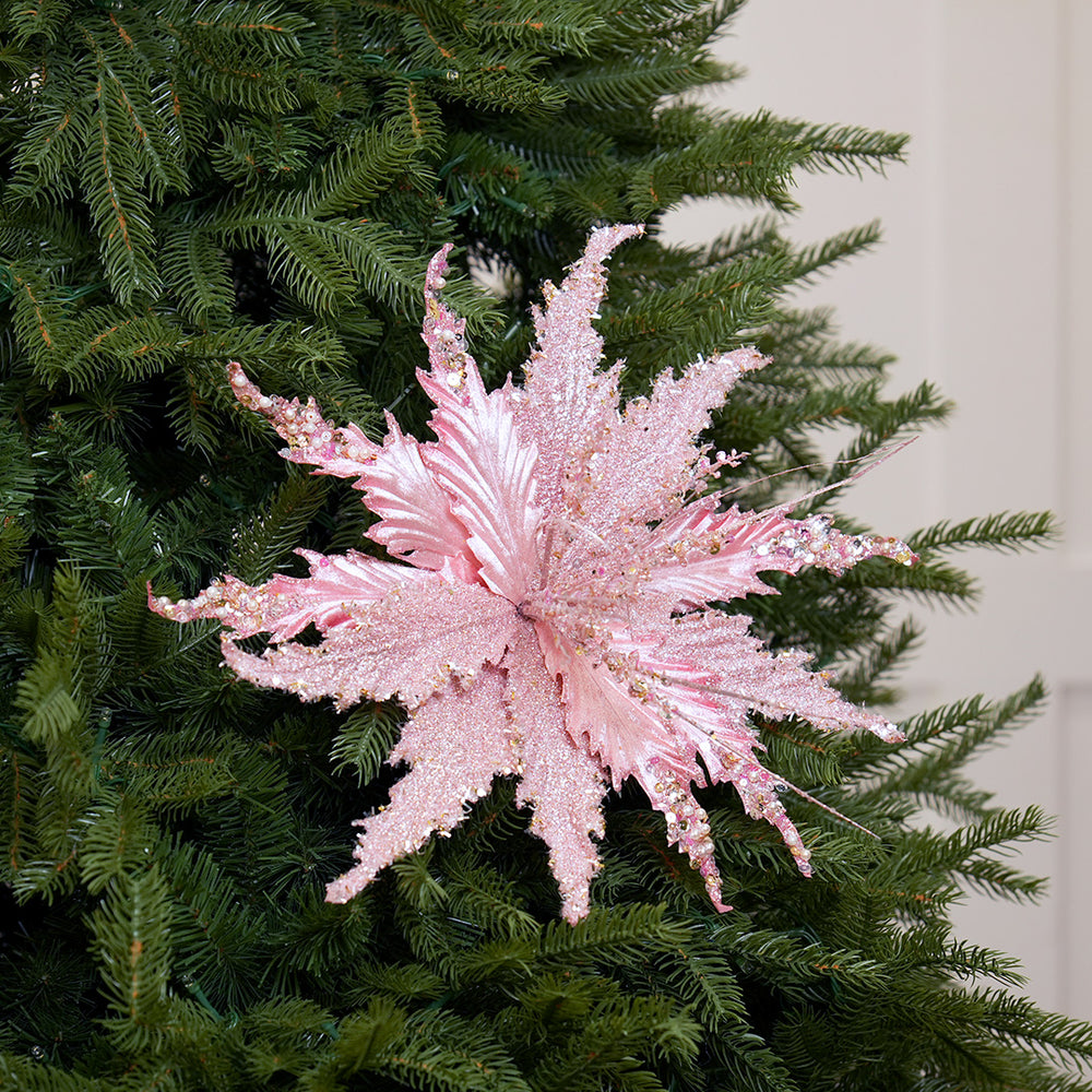 15" Pink Glitter Poinsettia Stem