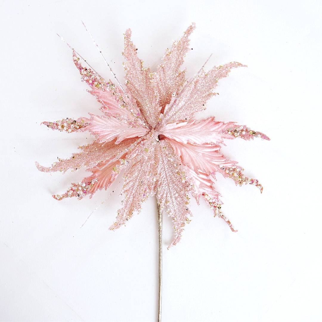 15" Pink Glitter Poinsettia Stem