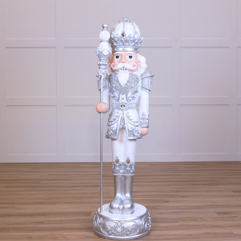 6 FT Silver & White King Nutcracker with Music & Warm White LED Lights