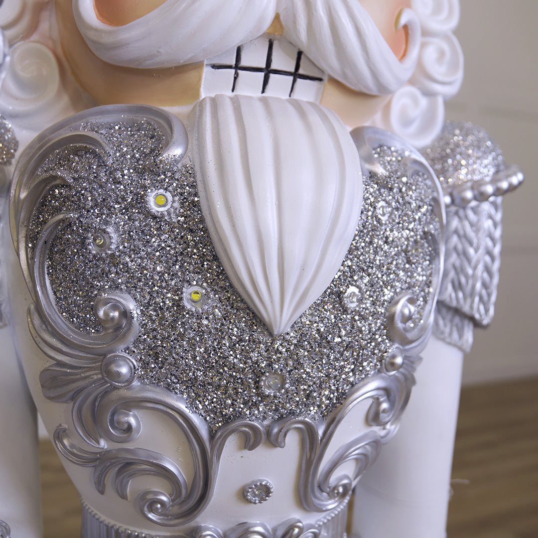 6 FT Silver & White King Nutcracker with Music & Warm White LED Lights