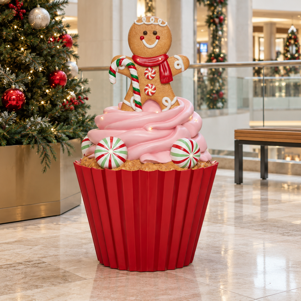 3.3 FT Red & Pink Gingerbread Candy Cupcake With Battery Operated LED Lights