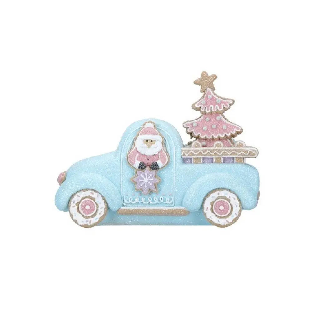 9" Santa In Car With Pink Sugar Gingerbread Tree