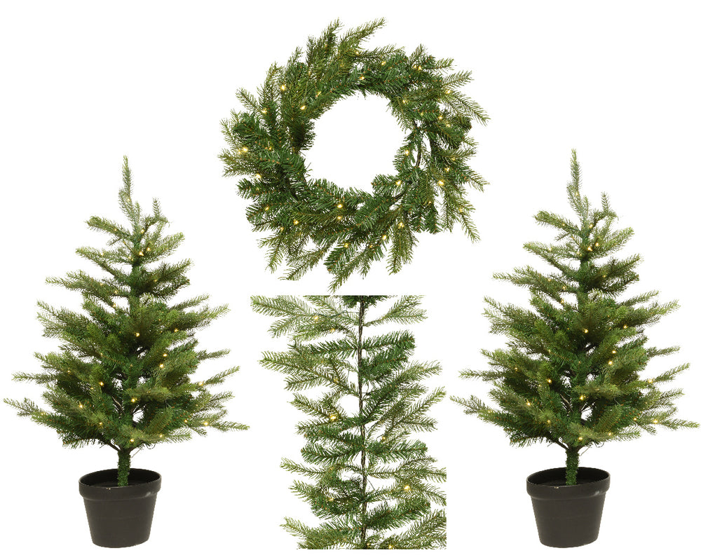 Grandis Set 2 Prelit Trees, Wreath, & Garland
