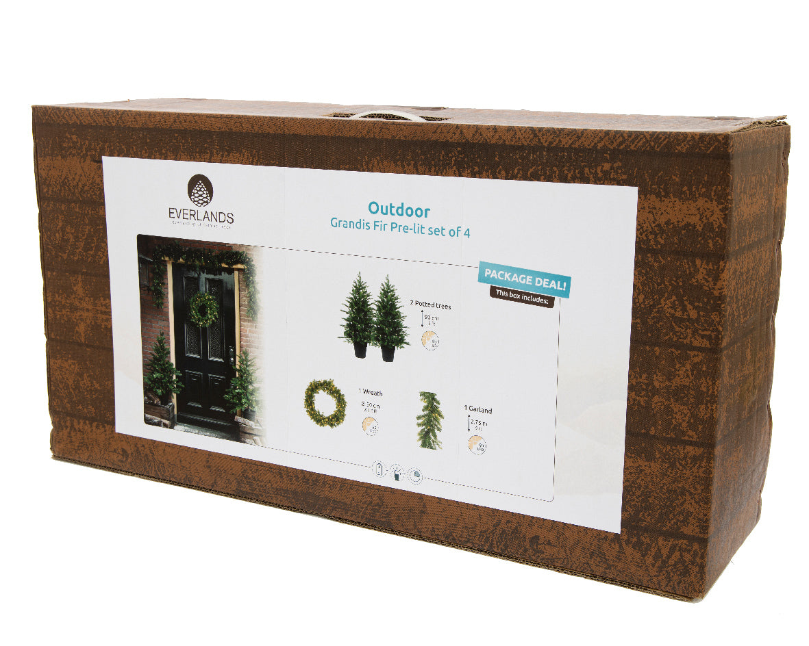 Grandis Set 2 Prelit Trees, Wreath, & Garland