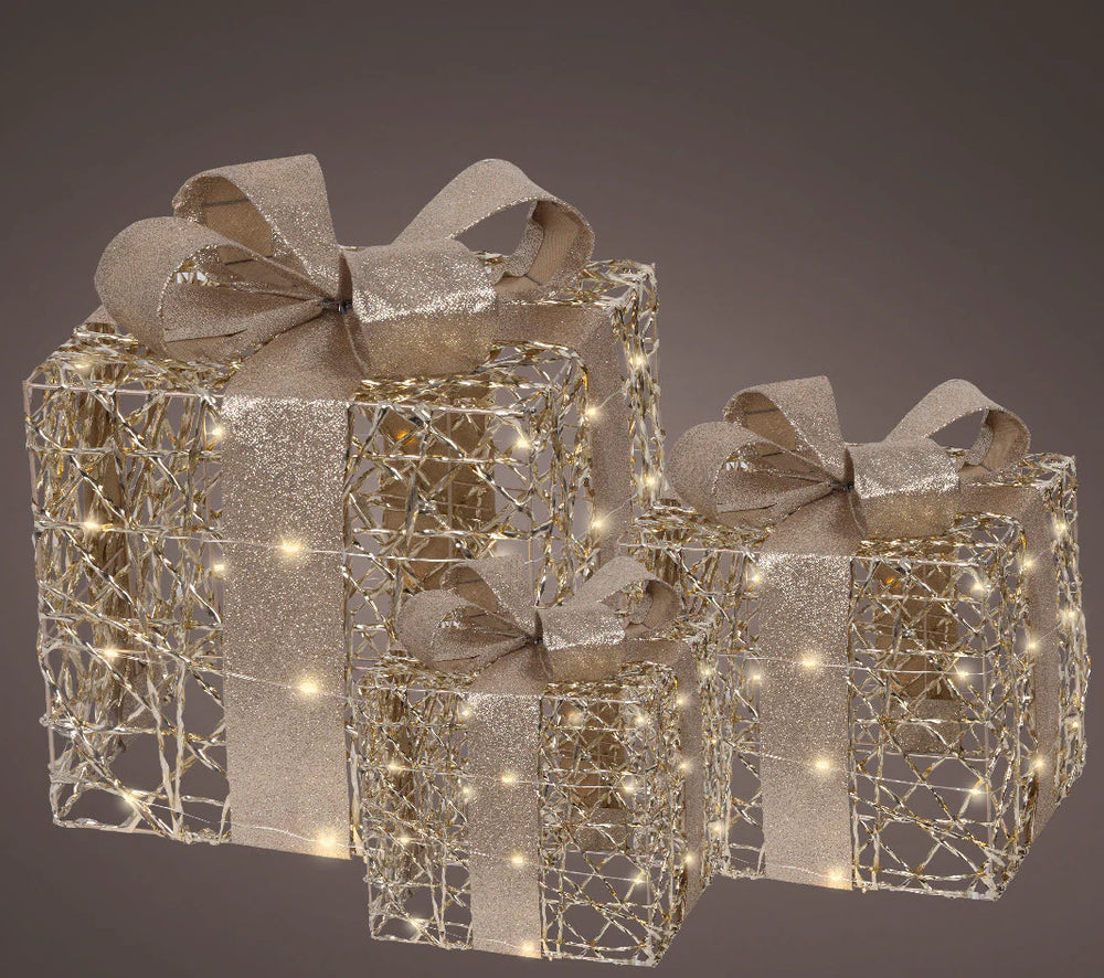 12" Warm White Gold Glitter Gift Box Battery Operated Set Of 3
