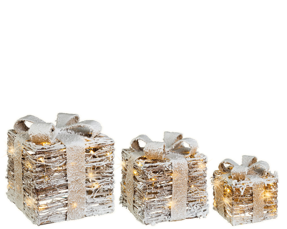 12" Warm White LED Rattan Gift Boxes Set Of 3