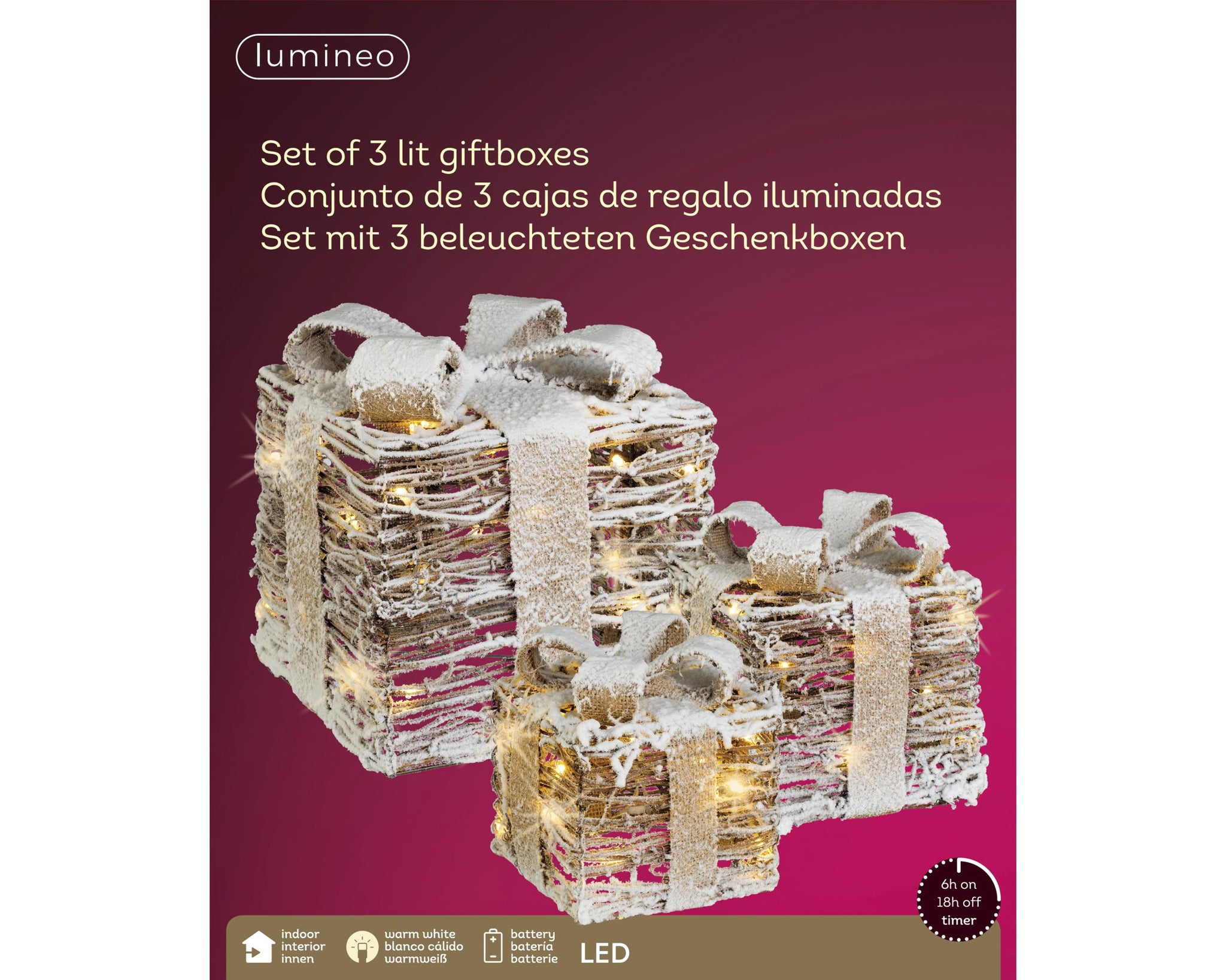 12" Warm White LED Rattan Gift Boxes Set Of 3