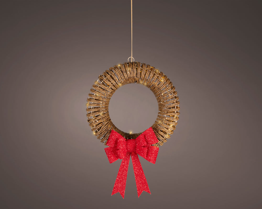 15" 48 LED Soft Warm Wicker Brown Wreath With Red Bow