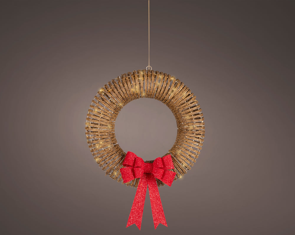 23" 72 LED Brown Wicker Wreath With Red Bow