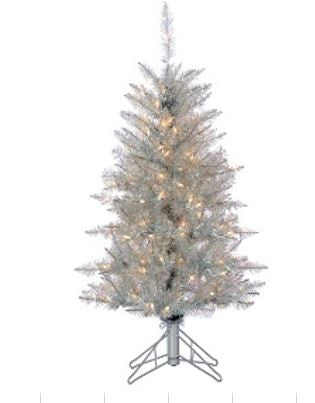 4 FT Silver Tinsel Tree Pre-Lit Clear Lights