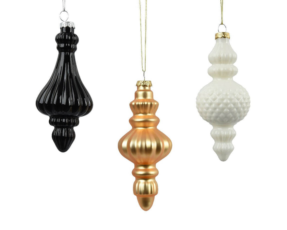 6" White, Gold & Black Glass Finial Assorted Ornament