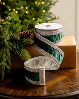 2.5" X 5YD Emerald Velvet Ribbon With Silver Back & Crochet Trim