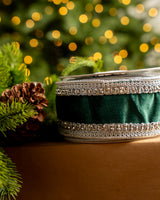 2.5" X 5YD Emerald Velvet Ribbon With Silver Back & Crochet Trim