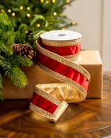 2.5" X 5YD Red Velvet Ribbon With Gold Back & Crochet Trim