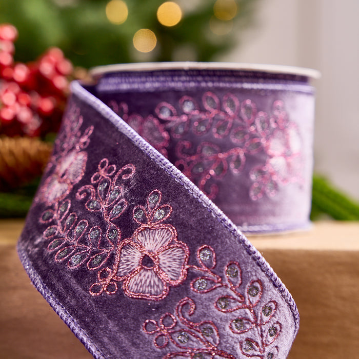 2.5" X 5 YD Purple Velvet Embroidered Floral with Sheer Back & Lavender Edge