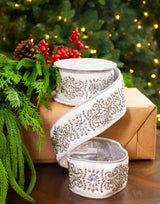 2.5" X 5YD White Velvet Jeweled Ribbon With Silver Back & Edge