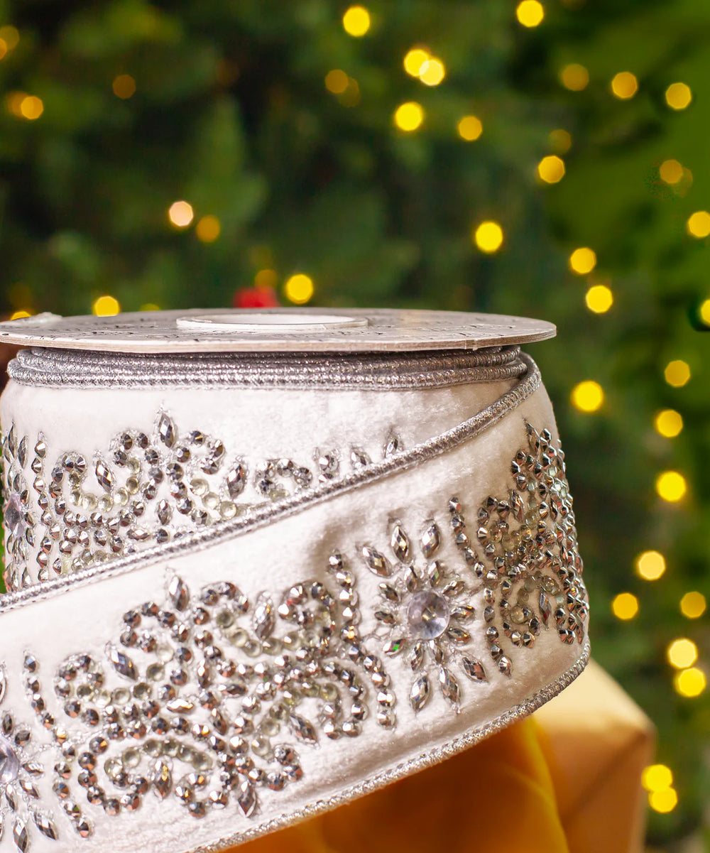 2.5" X 5YD White Velvet Jeweled Ribbon With Silver Back & Edge