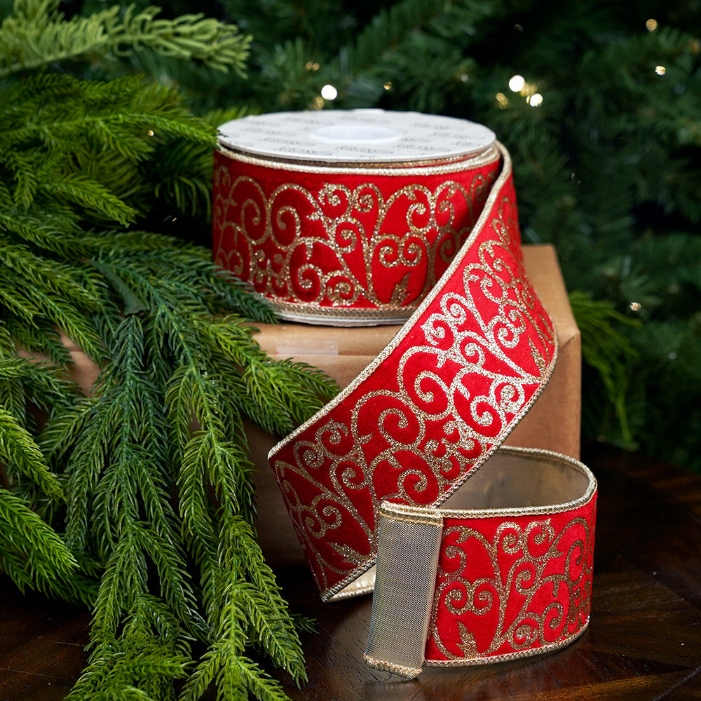2.5" X 10YD Red Velvet Ribbon With Gold Glitter Filigree