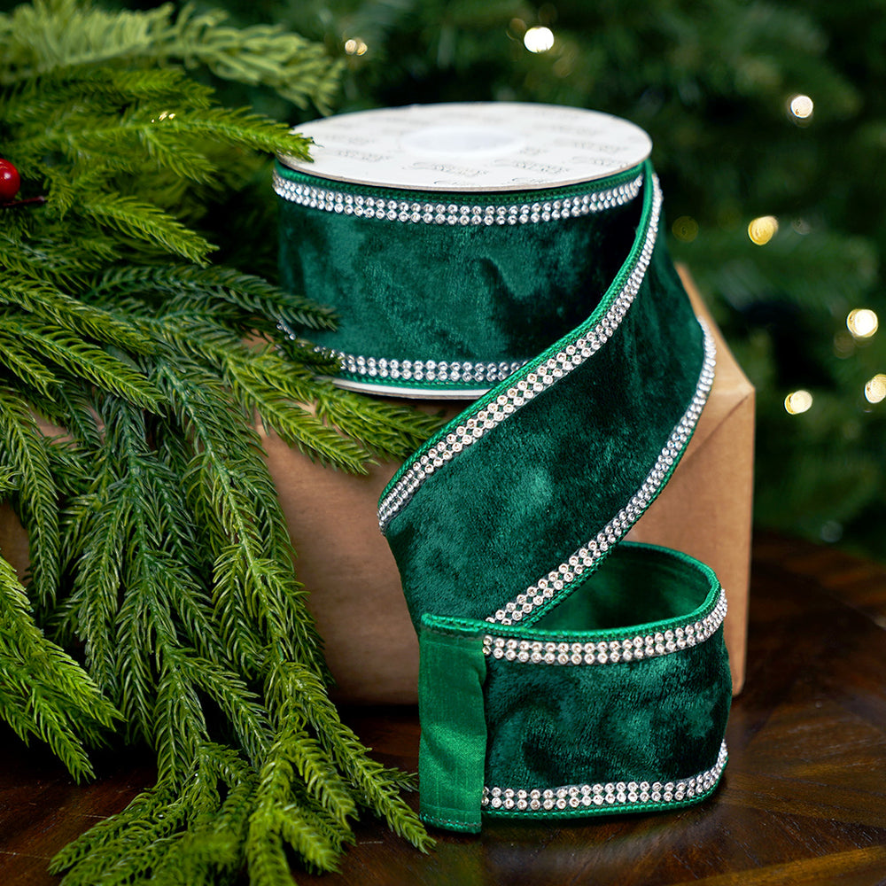 2.5" X 5YD Emerald Velvet With Swarovski Trim Ribbon