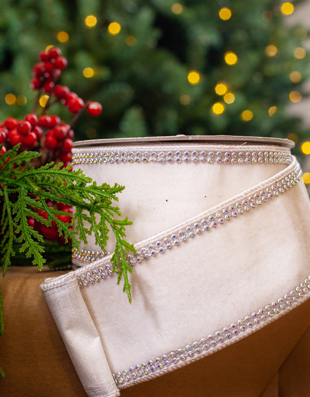 2.5" X 5YD White Velvet With Swarovski Trim Ribbon