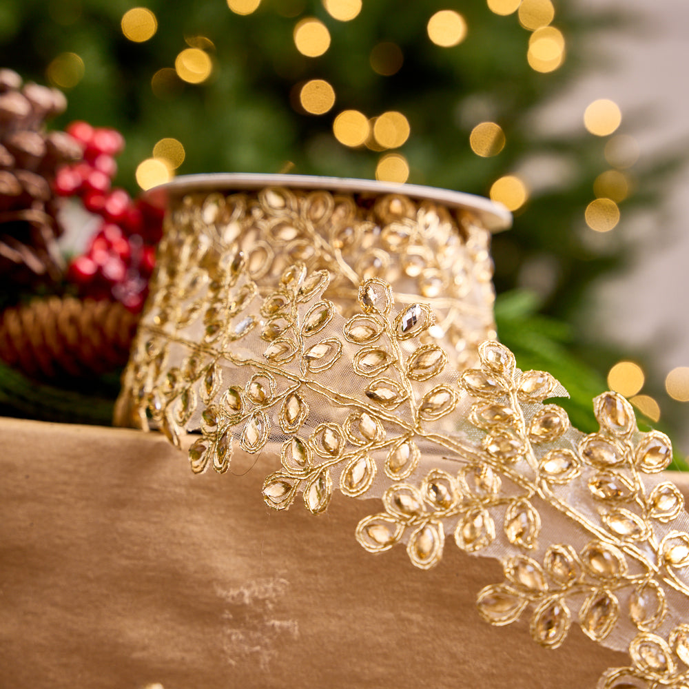 2" X 5YD Gold Sheer Beaded Floral Trim Ribbon
