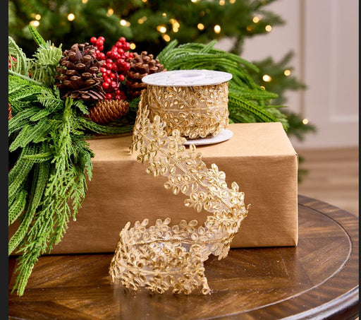 2" X 5YD Gold Sheer Beaded Floral Trim Ribbon