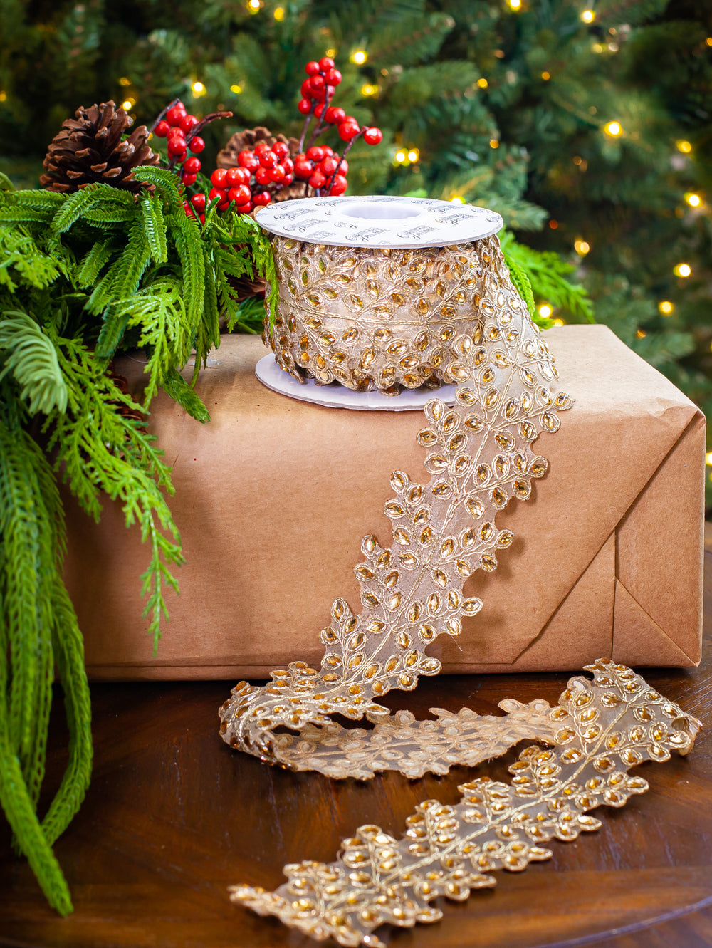2" X 5YD Gold Platinum Sheer Beaded Floral Trim Ribbon