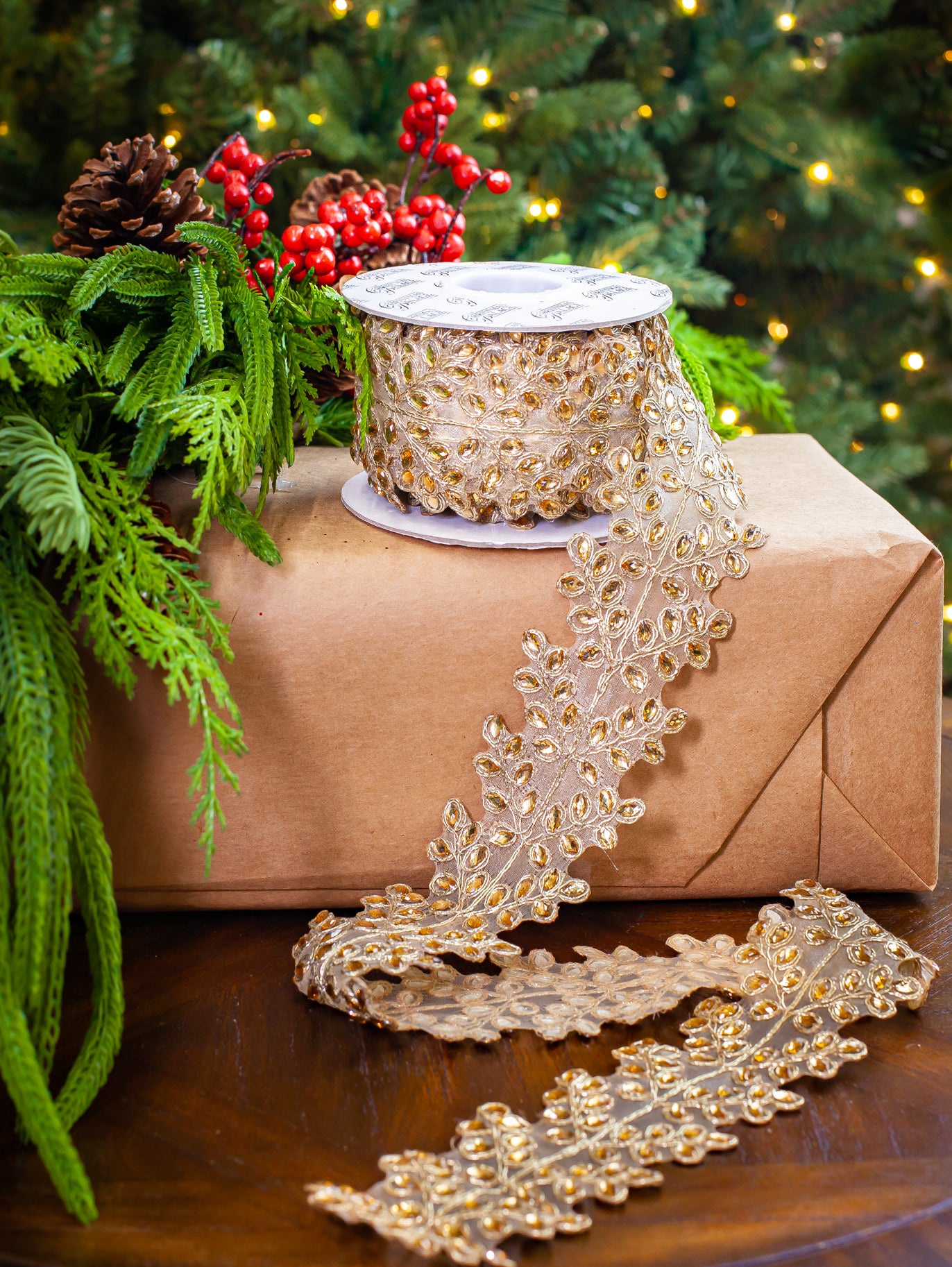 2" X 5YD Gold Platinum Sheer Beaded Floral Trim Ribbon