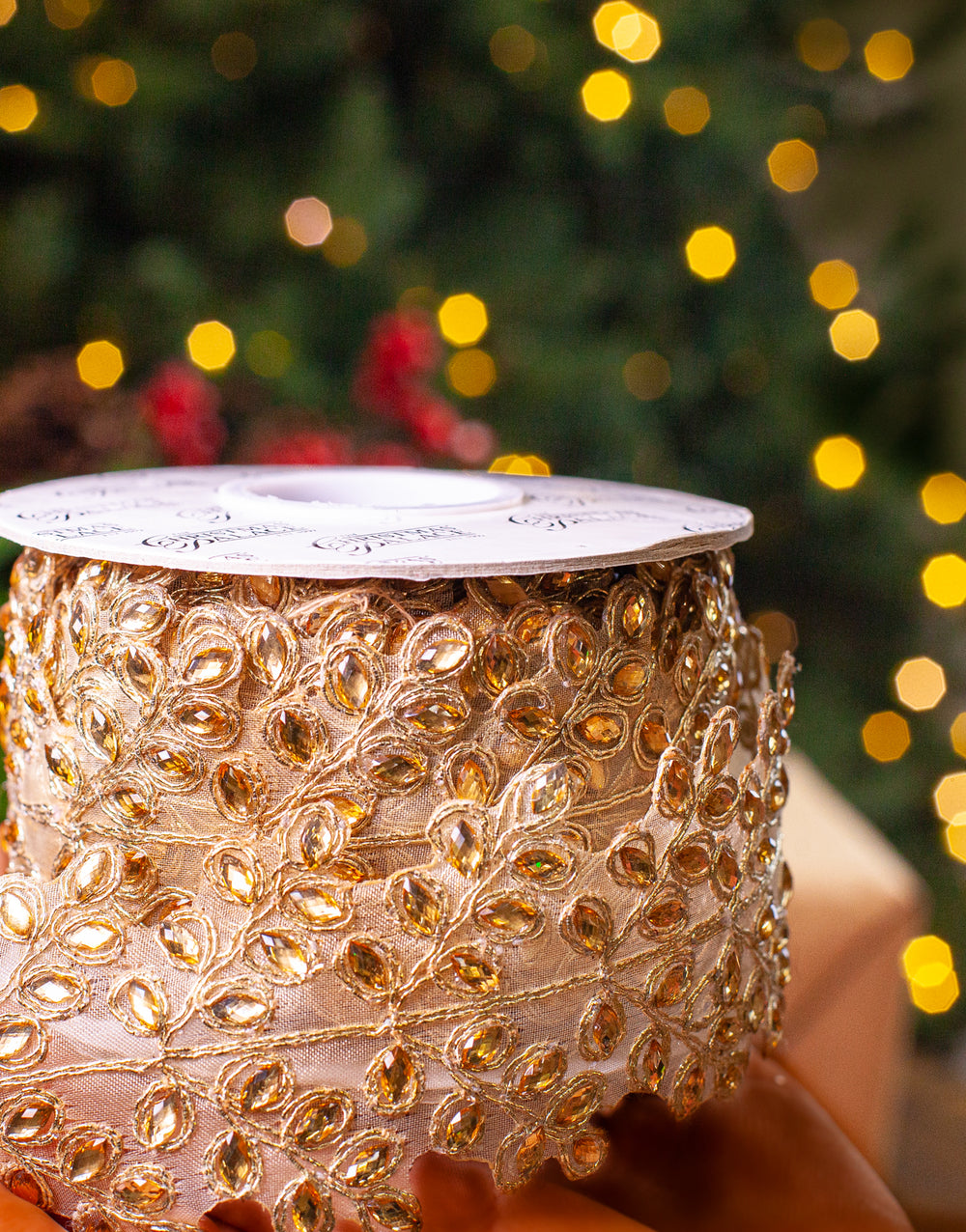 2" X 5YD Gold Platinum Sheer Beaded Floral Trim Ribbon