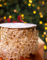 2" X 5YD Gold Platinum Sheer Beaded Floral Trim Ribbon