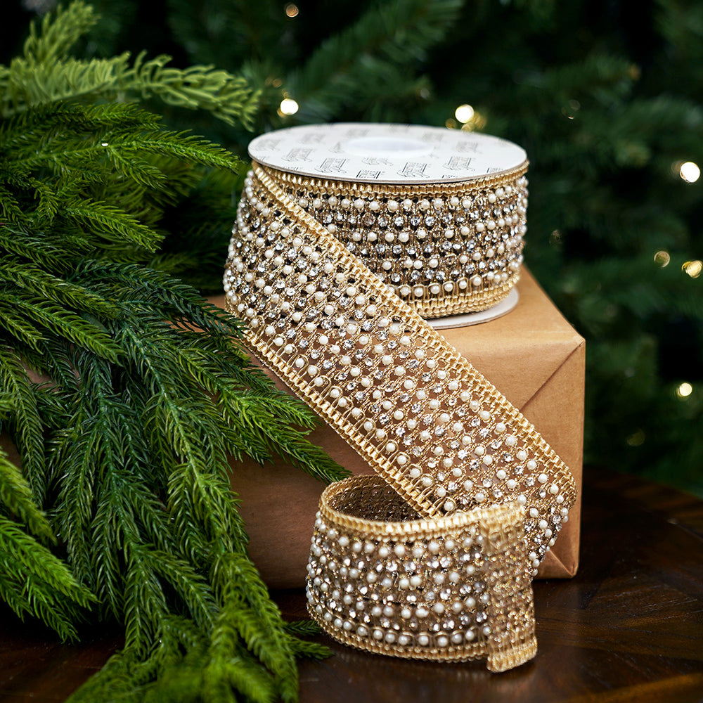 3" X 5YD Gold Beaded Pearl Ribbon