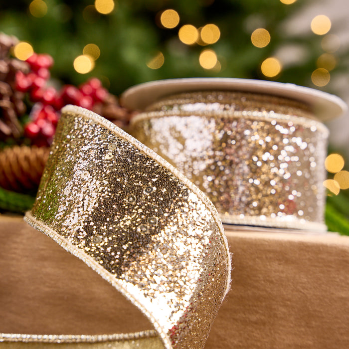 2.5" X 5YD Gold Platinum Full Glitter Ribbon with Gold Platinum Back