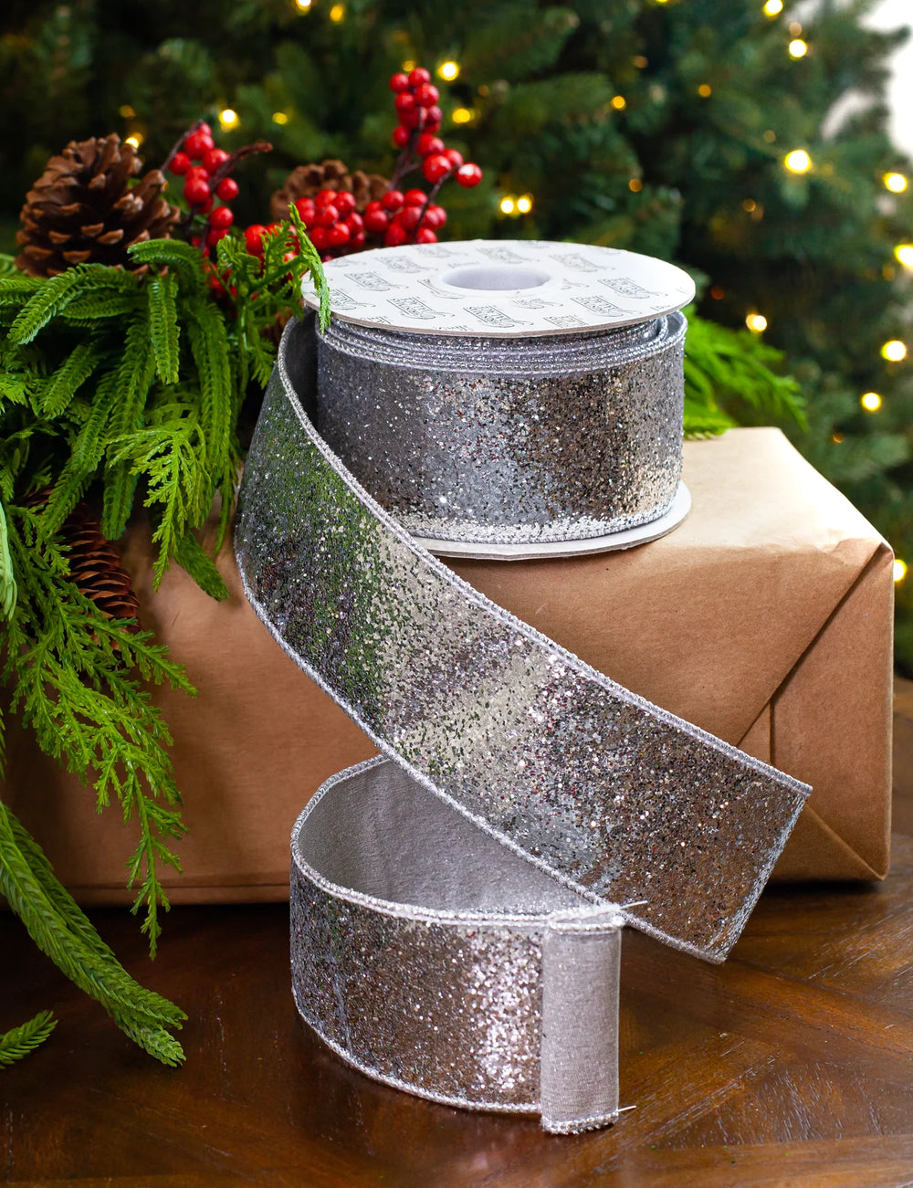 2.5" X 10YD Silver Glitter Ribbon
