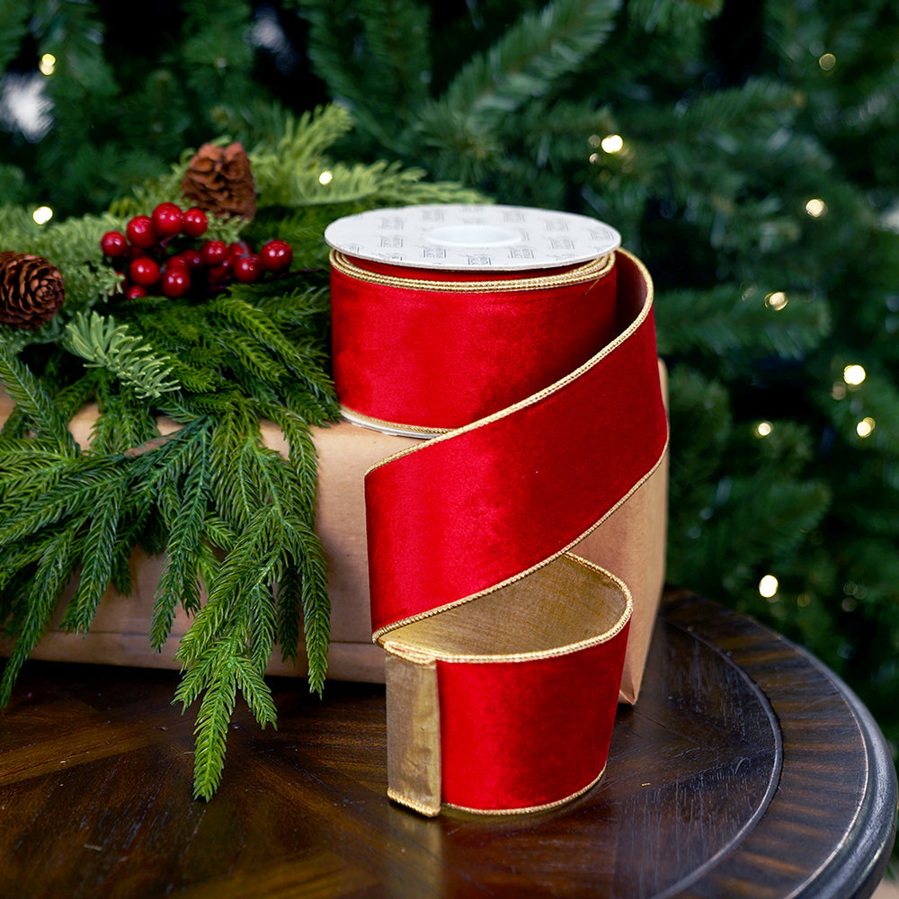 2.5" X 10YD Red Velvet Ribbon With Gold Edge Trim