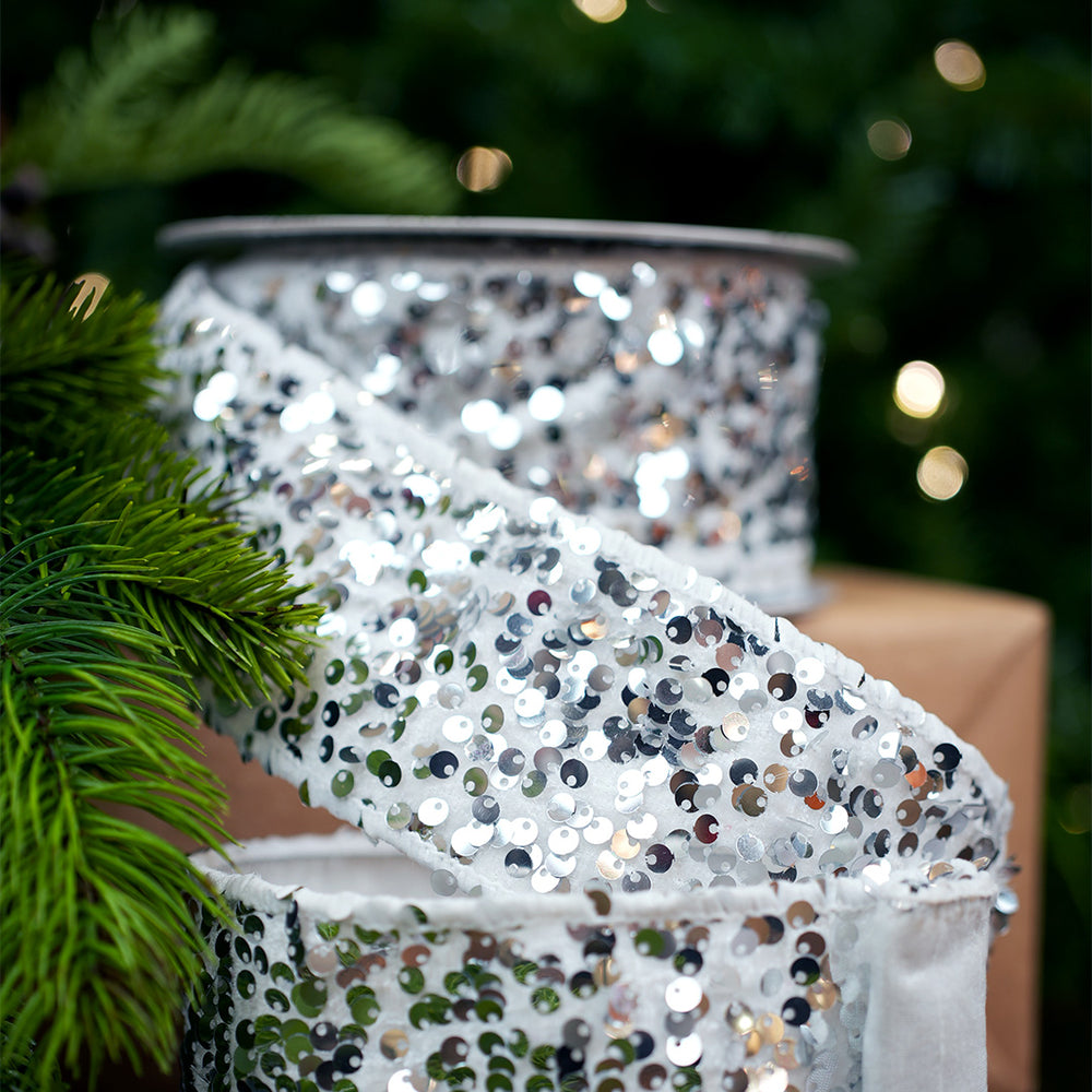 2.5" X 10YD White Velvet Sequined Ribbon