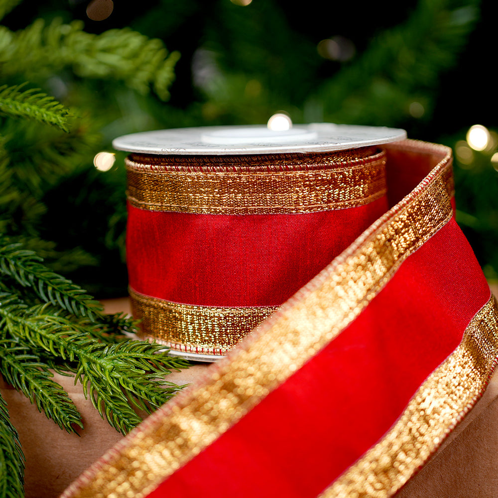 2.5" X 5YD Red Ribbon With Dark Gold Edge Trim