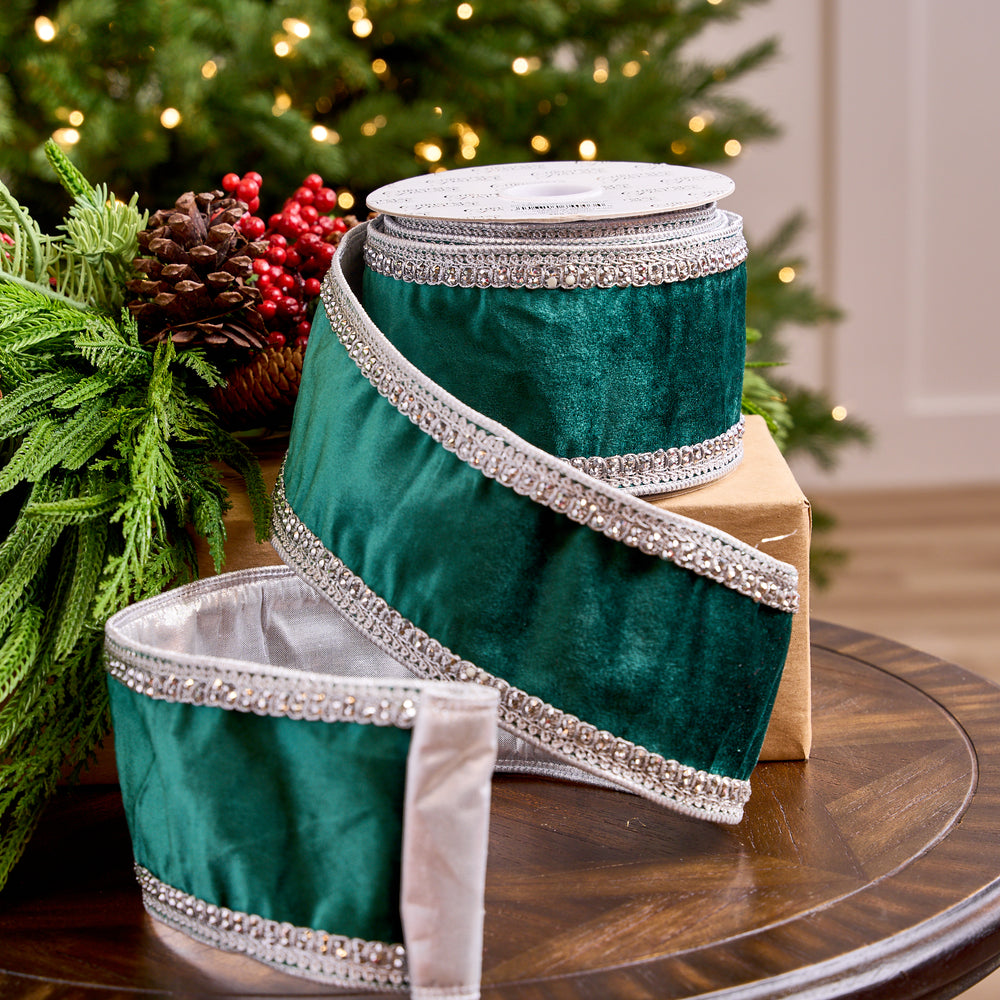 4" X10YD Emerald Velvet Ribbon With Silver Crochet Trim