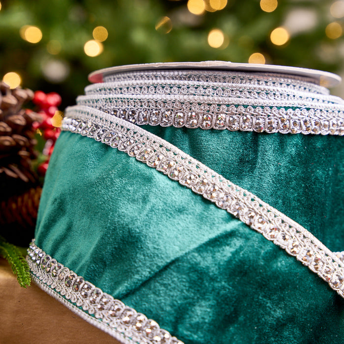 4" X10YD Emerald Velvet Ribbon With Silver Crochet Trim