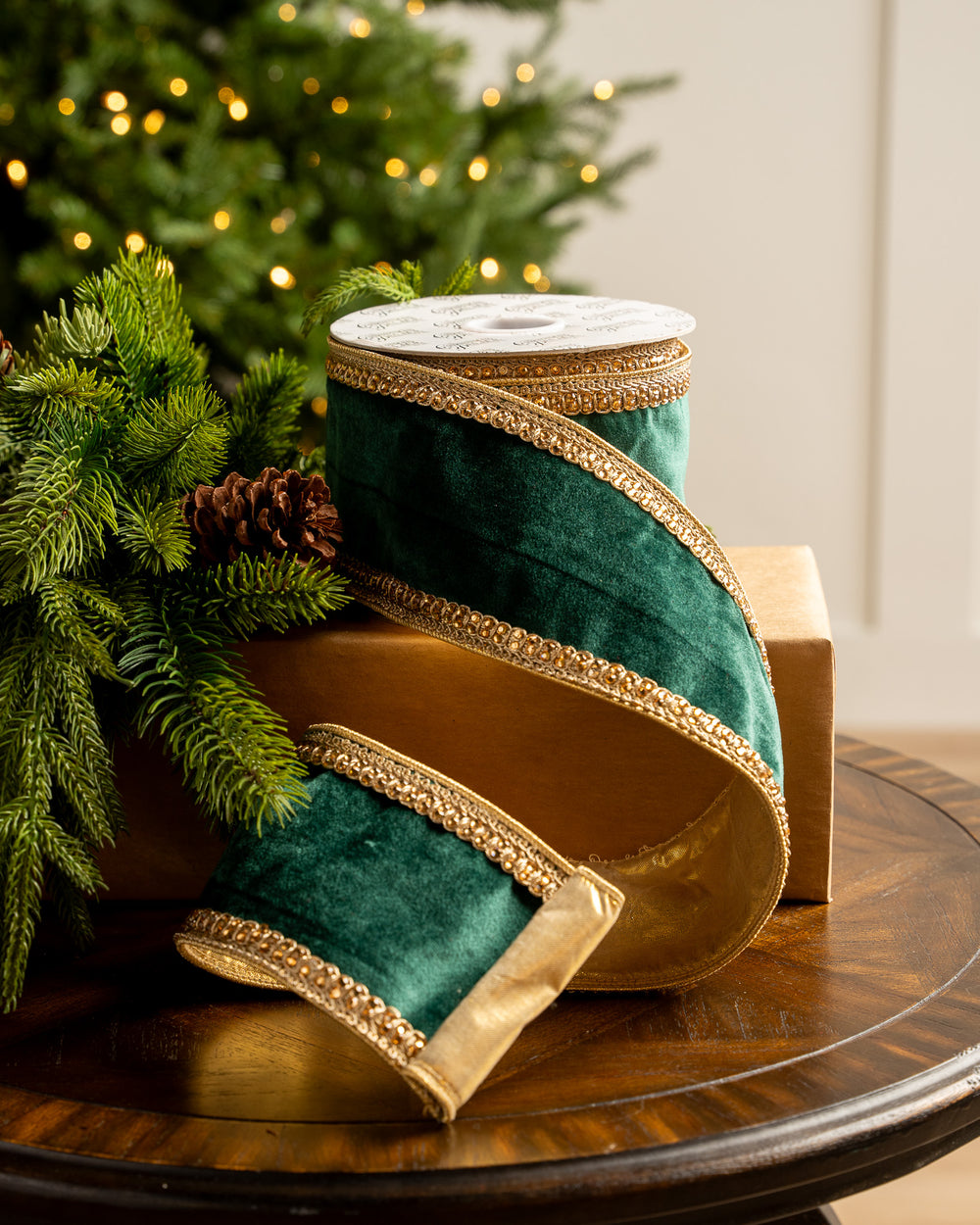 4" X10YD Emerald Velvet Ribbon With Gold Crochet Trim