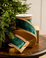 4" X10YD Emerald Velvet Ribbon With Gold Crochet Trim