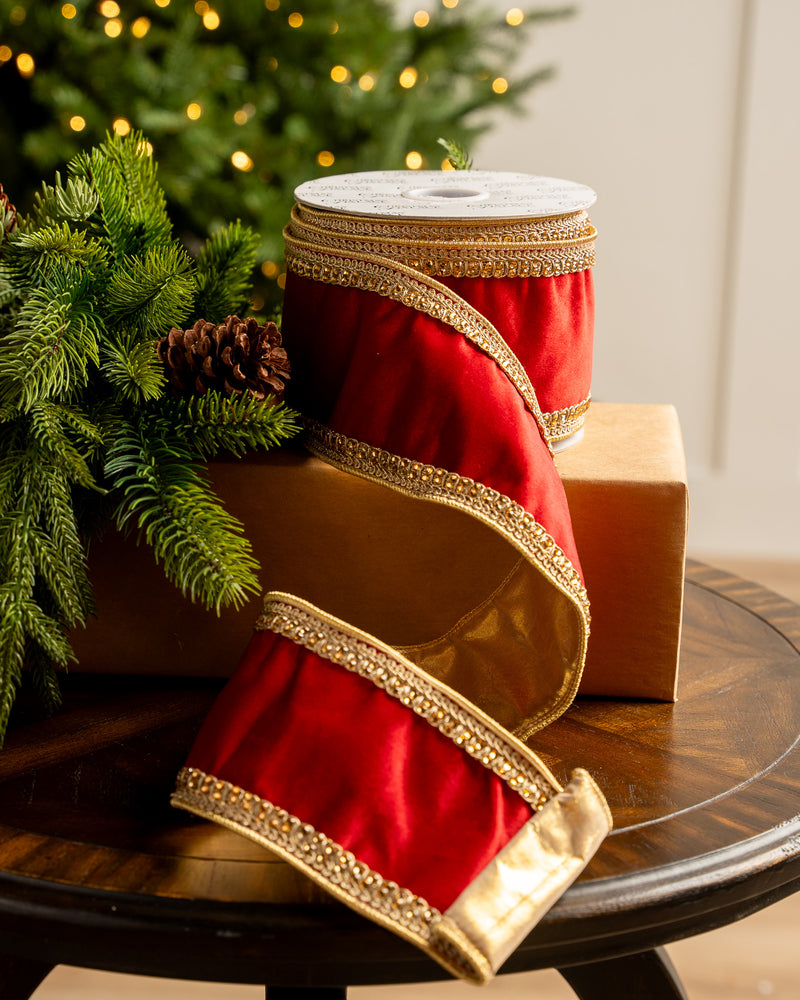 4" X10YD Red Velvet Ribbon With Gold Crochet Trim