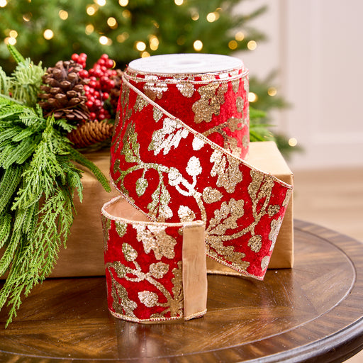 4" X 10YD Red Velvet Ribbon With Gold Glitter Holly Leaves