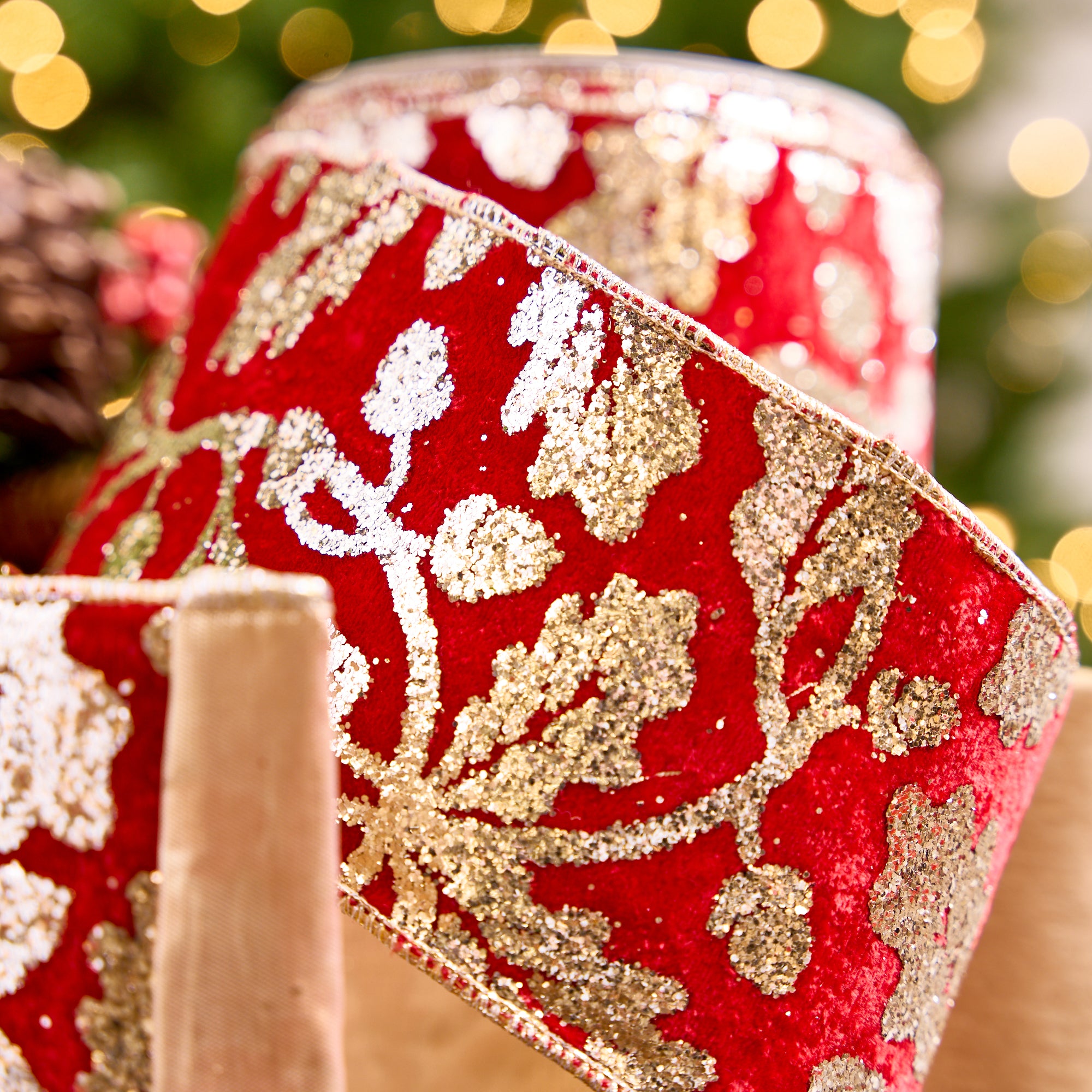 4" X 10YD Red Velvet Ribbon With Gold Glitter Holly Leaves