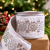 4" X 5YD White Velvet Ribbon With Ebroidered Jewels & Silver Back